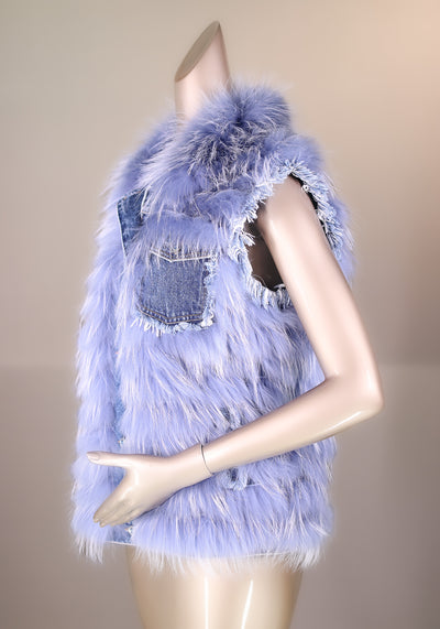 Denim Vest with Dyed Feathered Finn Raccoon