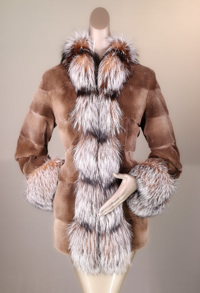 Sheared Horizontal-Cut Mink Reversible Jacket with Silver Fox Trimming