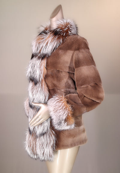 Sheared Horizontal-Cut Mink Reversible Jacket with Silver Fox Trimming