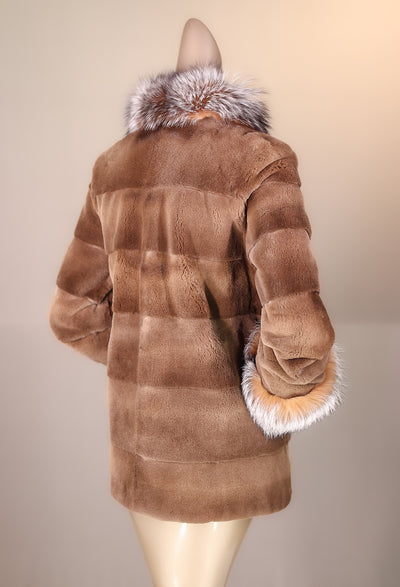 Sheared Horizontal-Cut Mink Reversible Jacket with Silver Fox Trimming