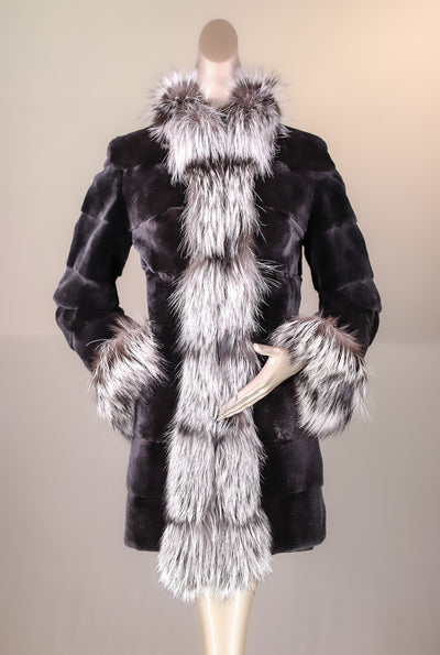 Sheared Horizontal-Cut Mink Reversible Jacket with Silver Fox Trimming