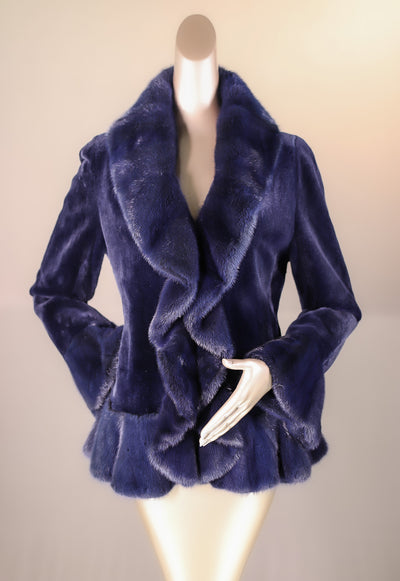 Sheared Mink Jacket with Long Hair Mink Tuxedo Ruffled Trimming