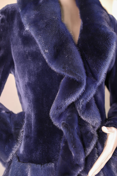 Sheared Mink Jacket with Long Hair Mink Tuxedo Ruffled Trimming