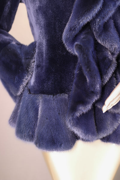 Sheared Mink Jacket with Long Hair Mink Tuxedo Ruffled Trimming