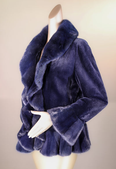 Sheared Mink Jacket with Long Hair Mink Tuxedo Ruffled Trimming