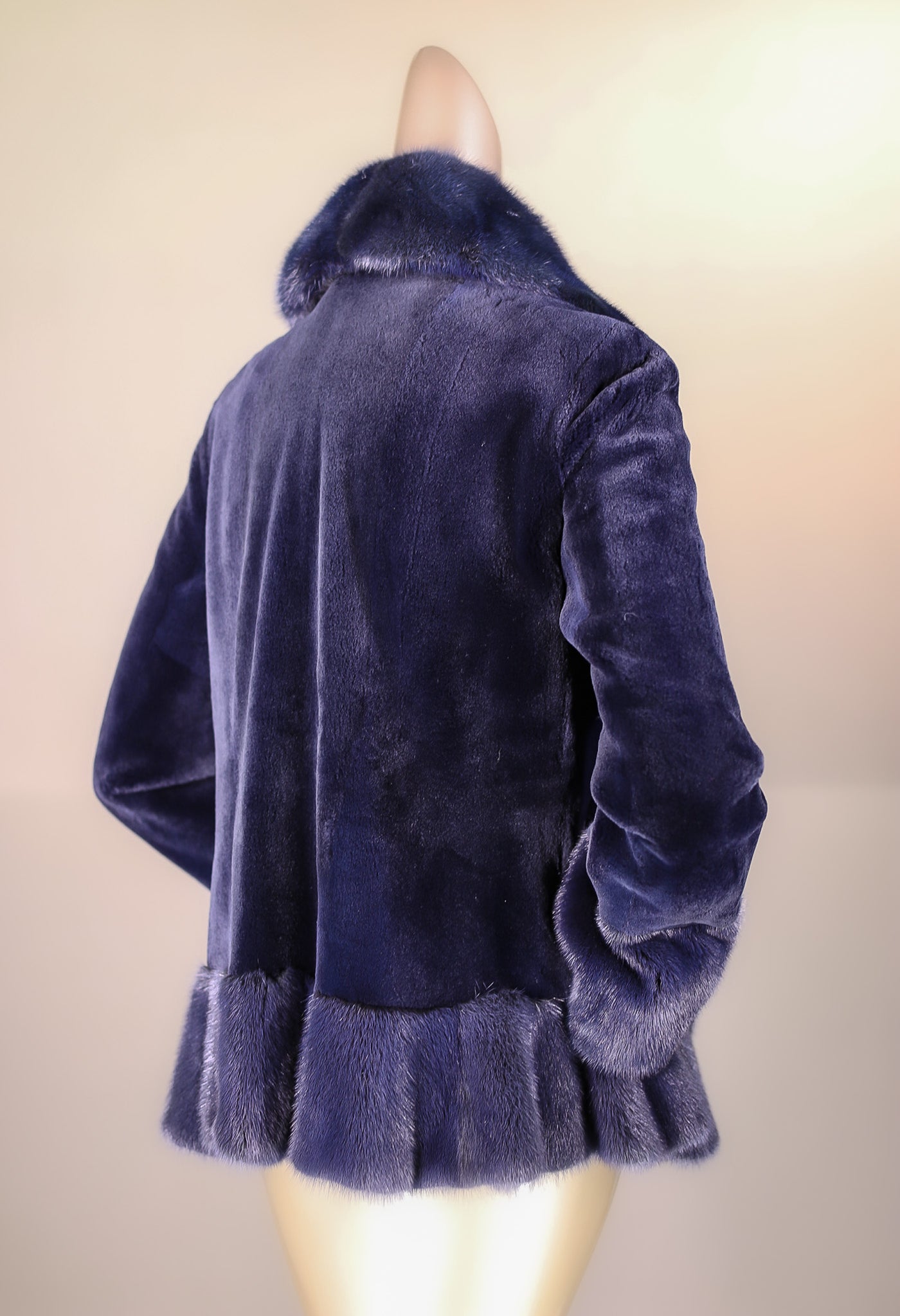 Sheared Mink Jacket with Long Hair Mink Tuxedo Ruffled Trimming