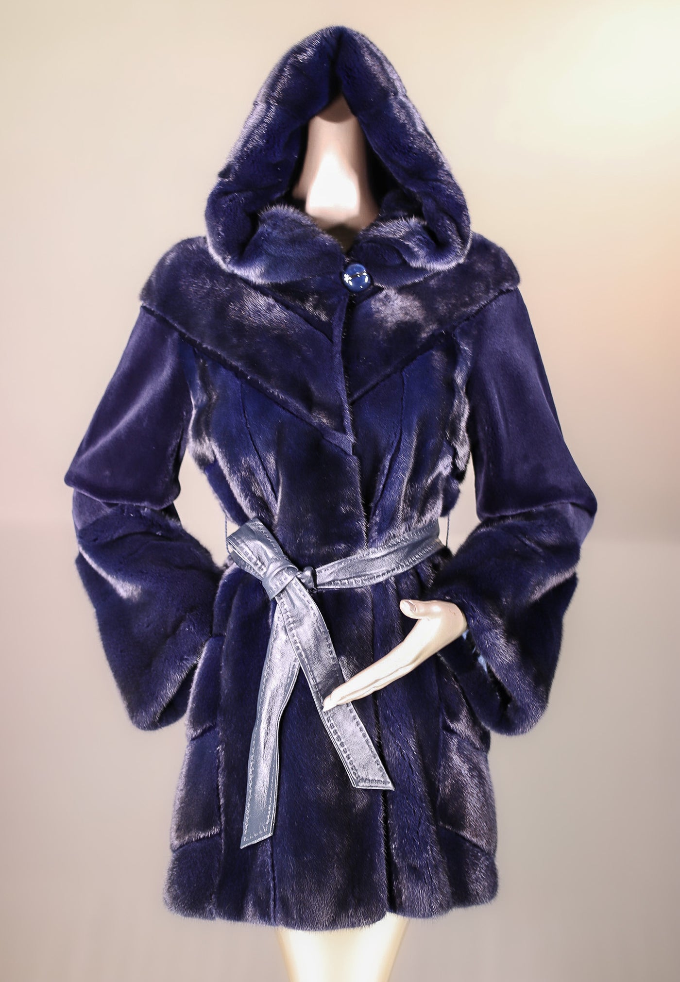 Sheared Mink Hooded Belted Stroller with Laser Etching