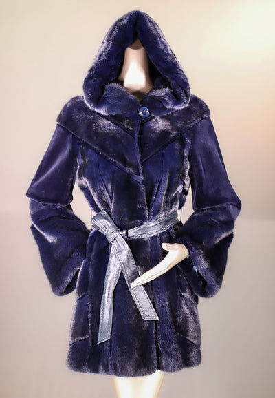Sheared Mink Hooded Belted Stroller with Laser Etching