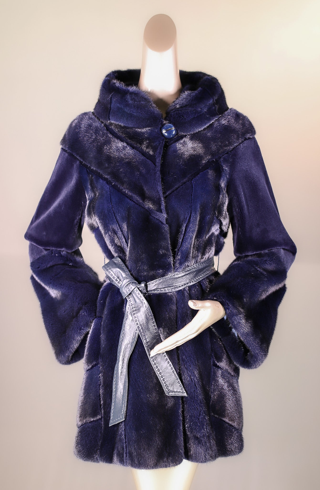Sheared Mink Hooded Belted Stroller with Laser Etching