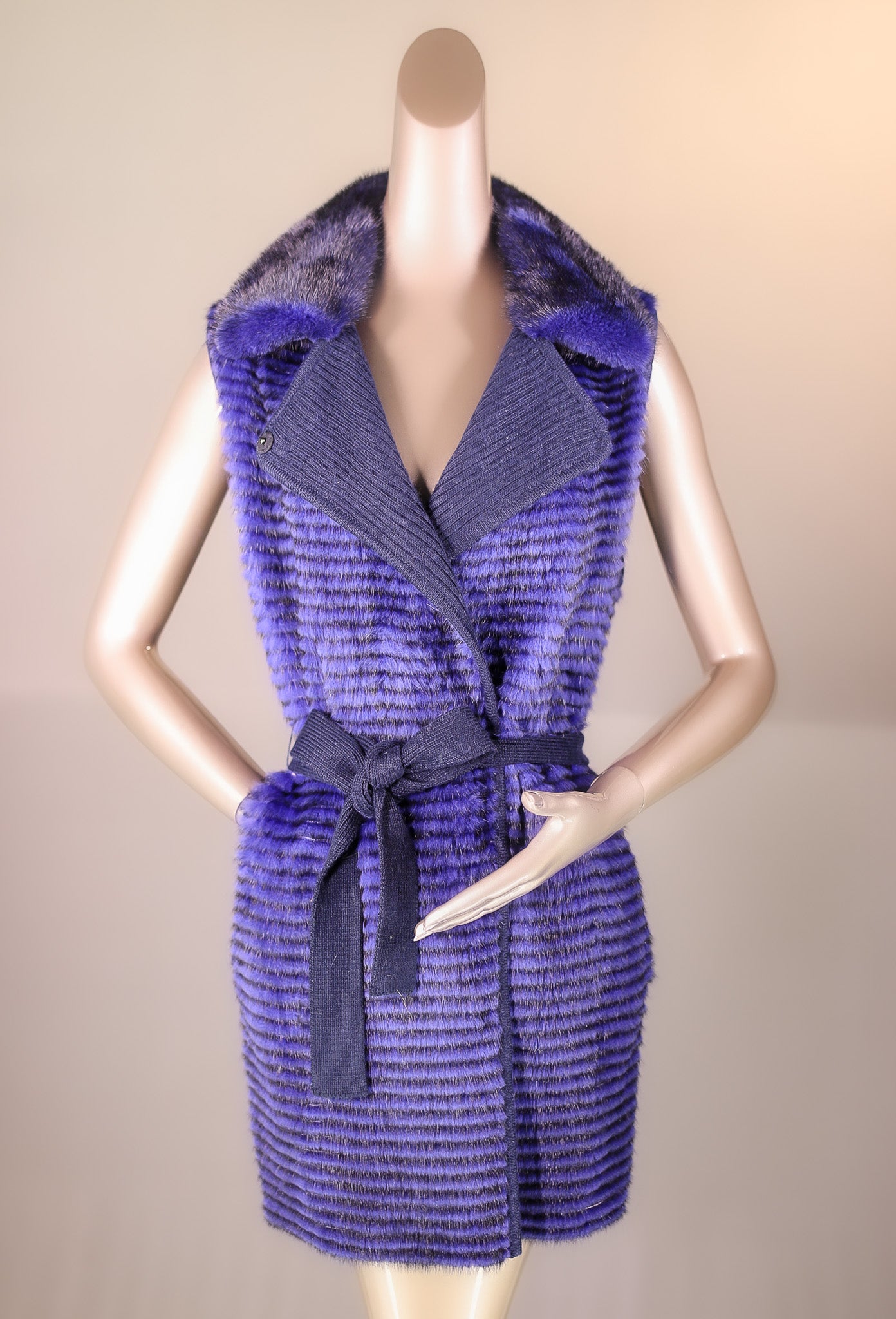 Knitted Horizontal-Ribbed Mink Belted Vest with Chinchilla Rex Rabbit Trim