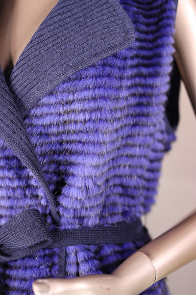 Knitted Horizontal-Ribbed Mink Belted Vest with Chinchilla Rex Rabbit Trim