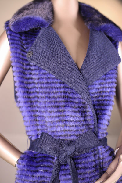 Knitted Horizontal-Ribbed Mink Belted Vest with Chinchilla Rex Rabbit Trim