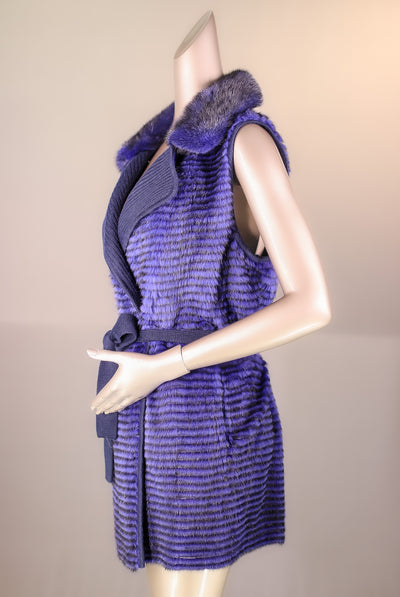 Knitted Horizontal-Ribbed Mink Belted Vest with Chinchilla Rex Rabbit Trim
