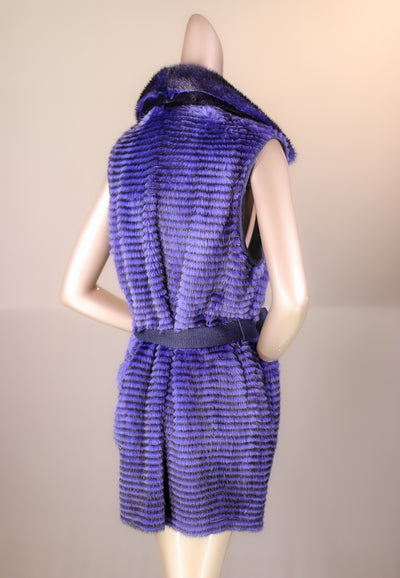 Knitted Horizontal-Ribbed Mink Belted Vest with Chinchilla Rex Rabbit Trim