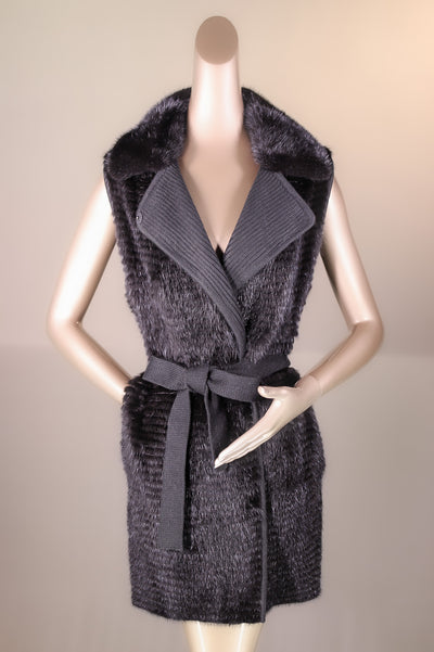 Knitted Horizontal-Ribbed Mink Belted Vest with Chinchilla Rex Rabbit Trim