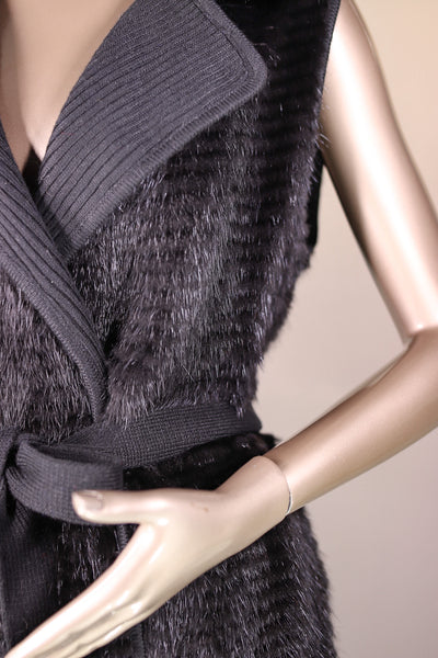 Knitted Horizontal-Ribbed Mink Belted Vest with Chinchilla Rex Rabbit Trim