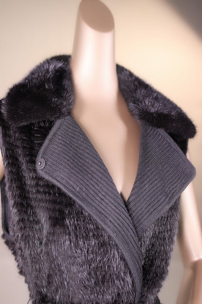 Knitted Horizontal-Ribbed Mink Belted Vest with Chinchilla Rex Rabbit Trim