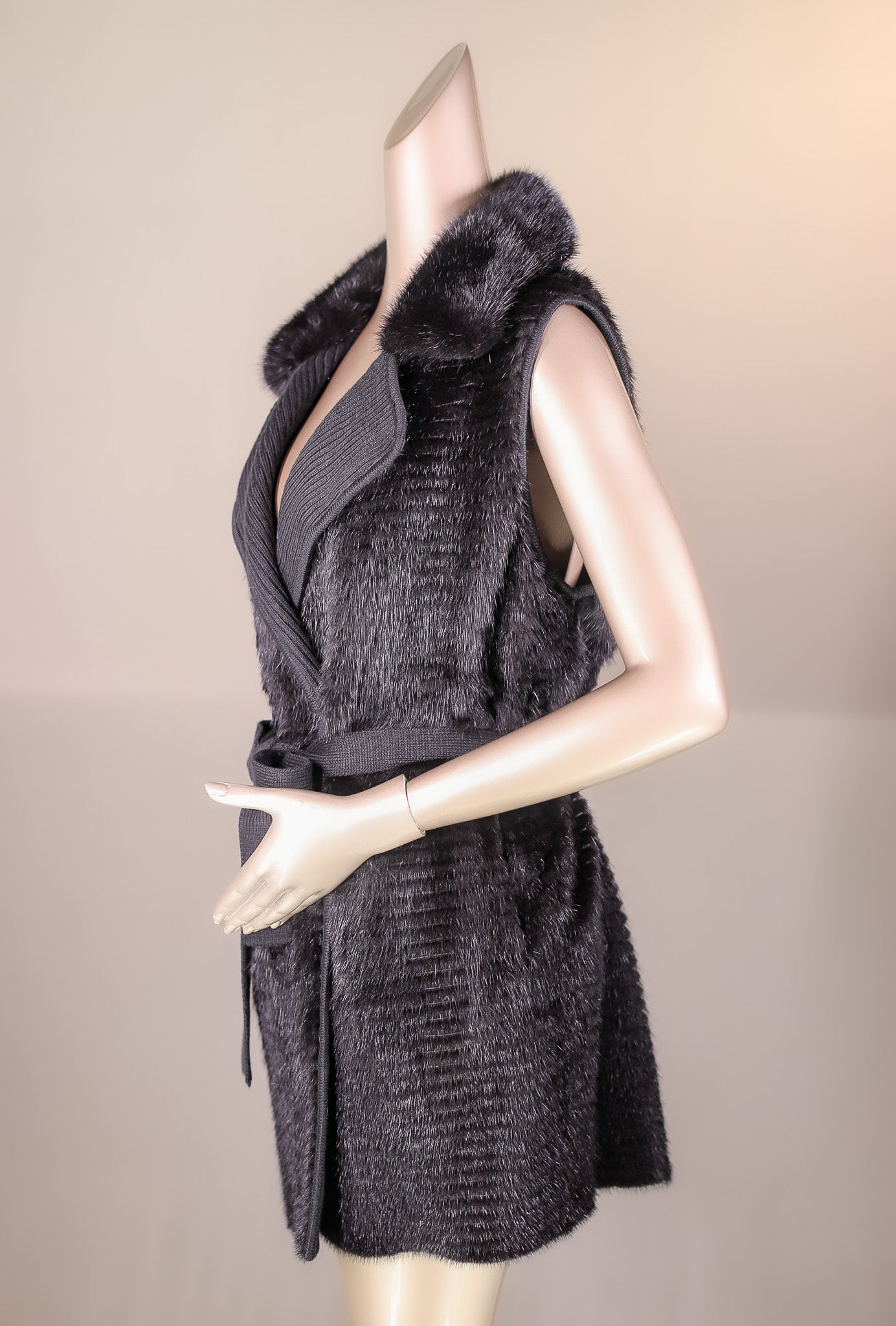 Knitted Horizontal-Ribbed Mink Belted Vest with Chinchilla Rex Rabbit Trim