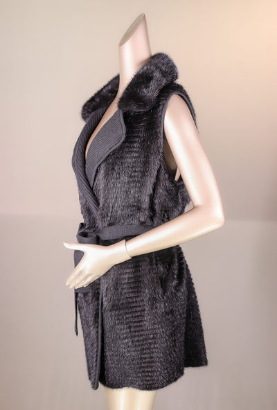 Knitted Horizontal-Ribbed Mink Belted Vest with Chinchilla Rex Rabbit Trim