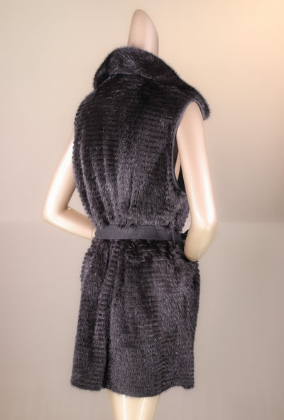 Knitted Horizontal-Ribbed Mink Belted Vest with Chinchilla Rex Rabbit Trim