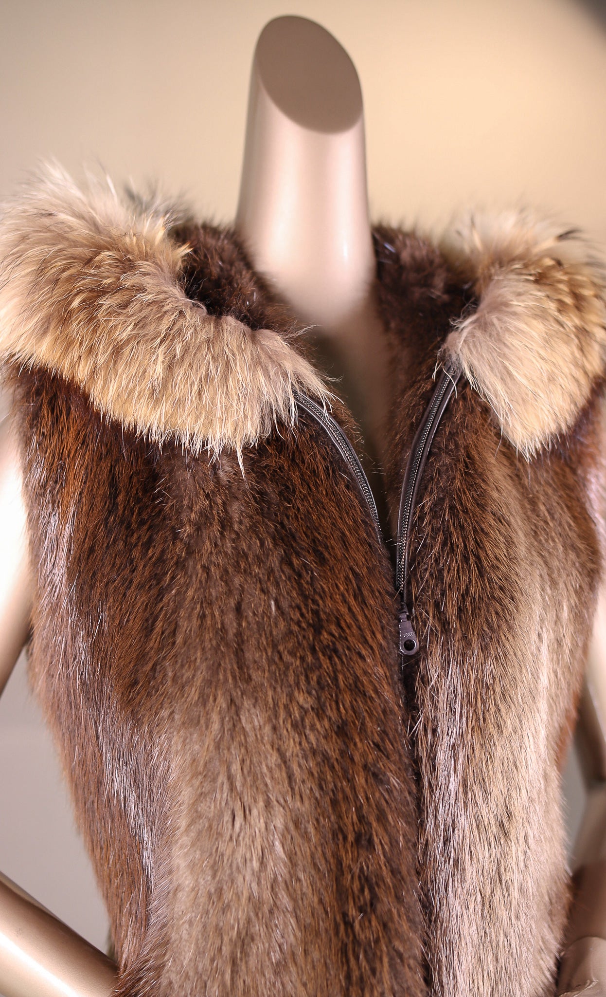 Natural Long Hair Beaver Hooded Vest with Finn Raccoon Ruff