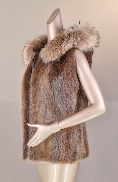 Natural Long Hair Beaver Hooded Vest with Finn Raccoon Ruff