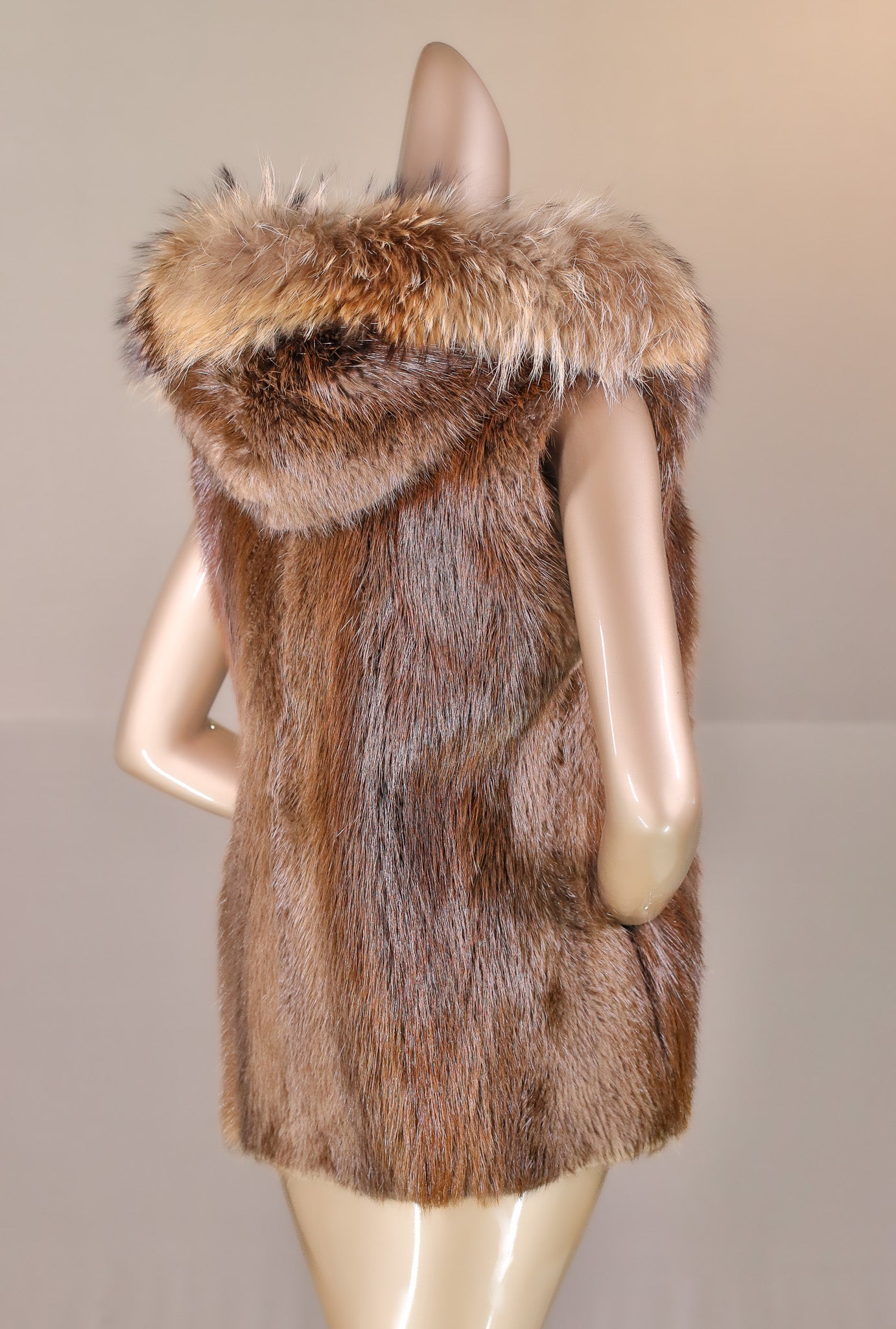 Natural Long Hair Beaver Hooded Vest with Finn Raccoon Ruff