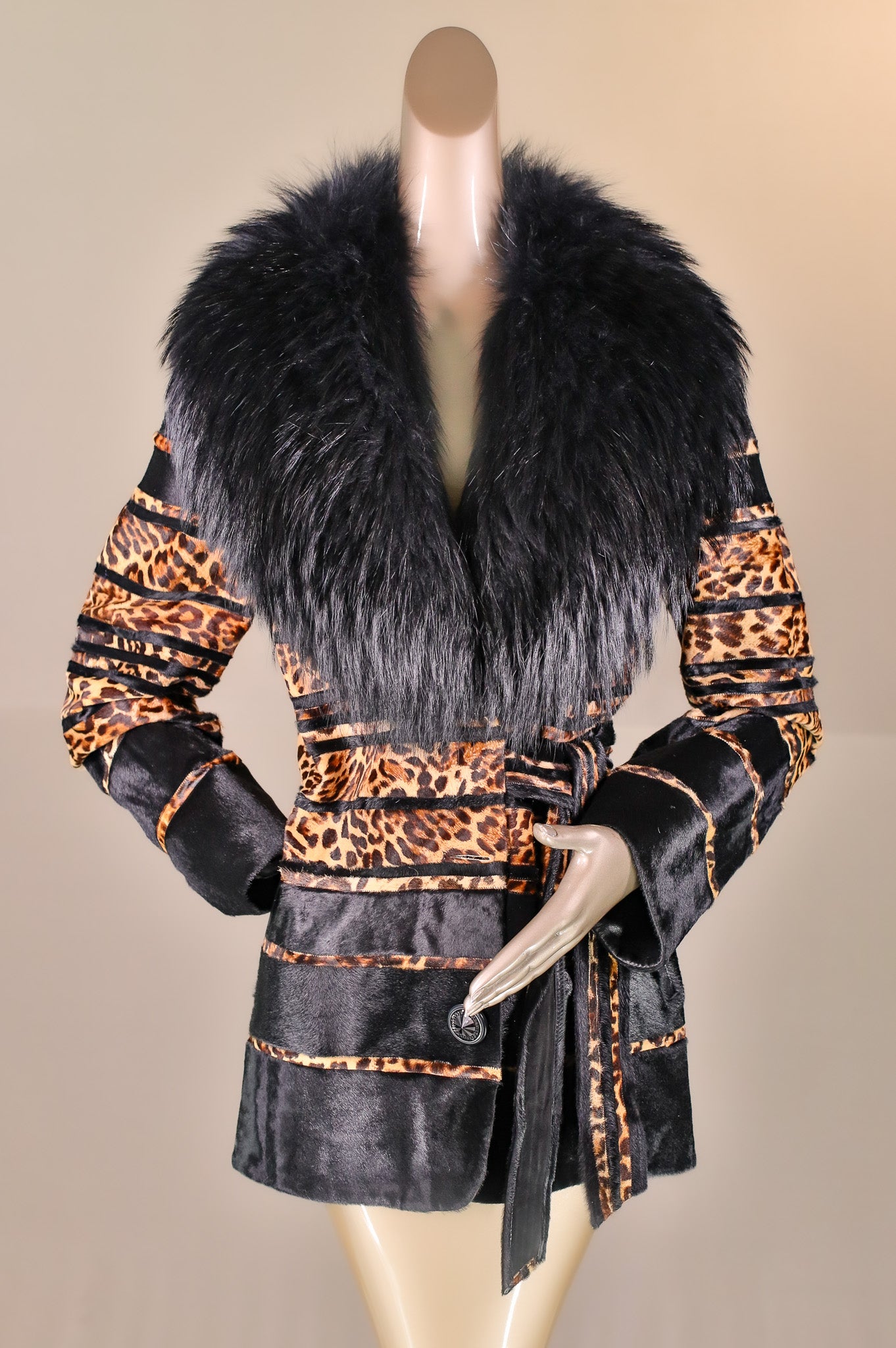 Leopard-Stenciled Calf Skin Jacket with Finn Raccoon