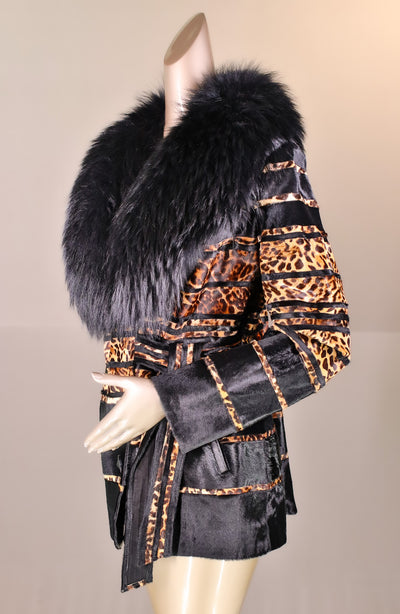Leopard-Stenciled Calf Skin Jacket with Finn Raccoon