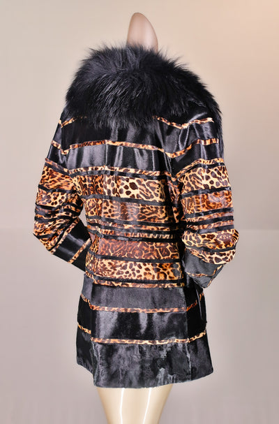 Leopard-Stenciled Calf Skin Jacket with Finn Raccoon