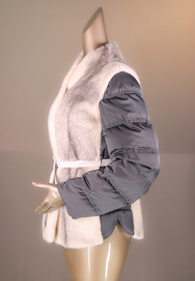 Black Cross Mink Belted Jacket with Puffer Sleeves