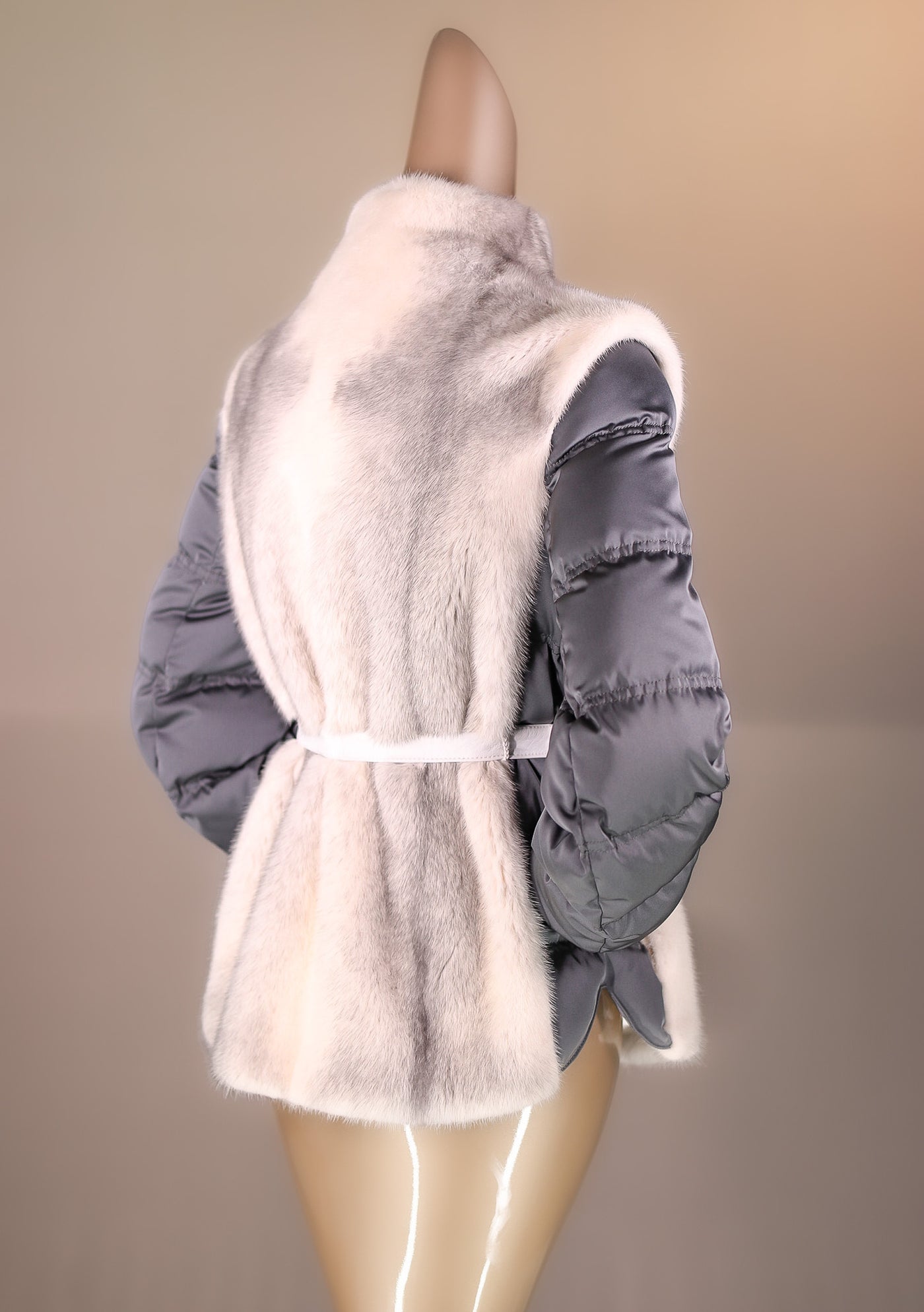 Black Cross Mink Belted Jacket with Puffer Sleeves