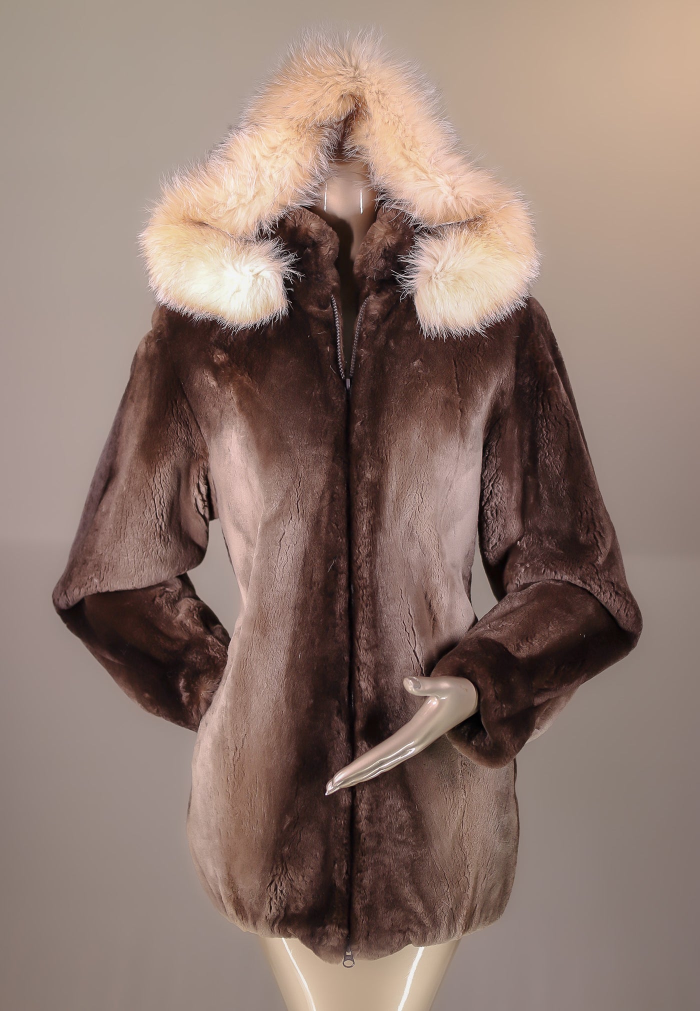 Full-Skin Sheared Beaver Bomber with Fox Trimmed Hood