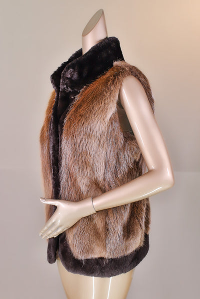 Natural Long Hair Beaver Vest with Contrasting Trimming
