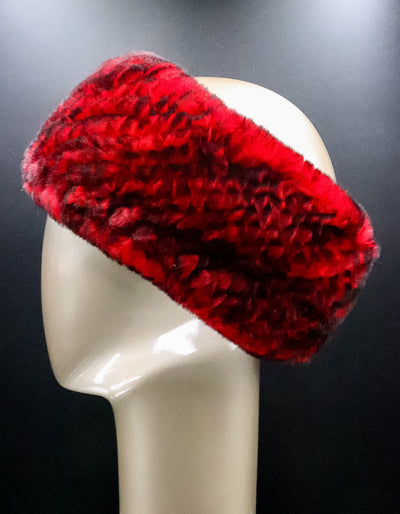 Knitted Red with Black Tips Chinchilla Rex Rabbit Headband with Elastic