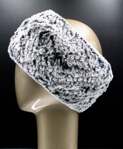 Knitted Black Snow-Top Chinchilla Rex Rabbit Headband with Elastic