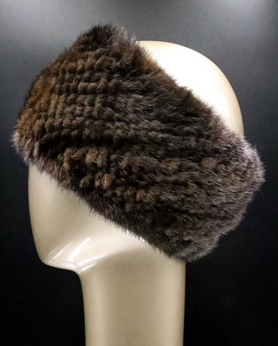 Knitted Natural Brown Mink Headband with Elastic