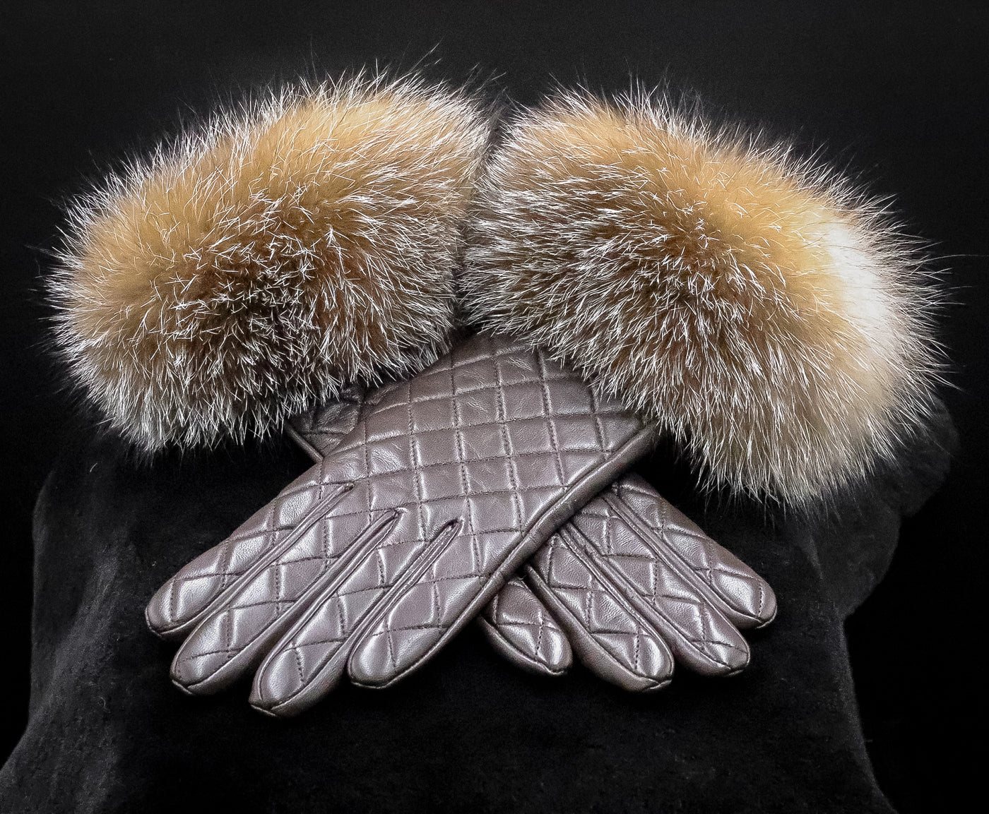 Quilted Italian Lamb Leather Gloves with Crystal Fox Trim