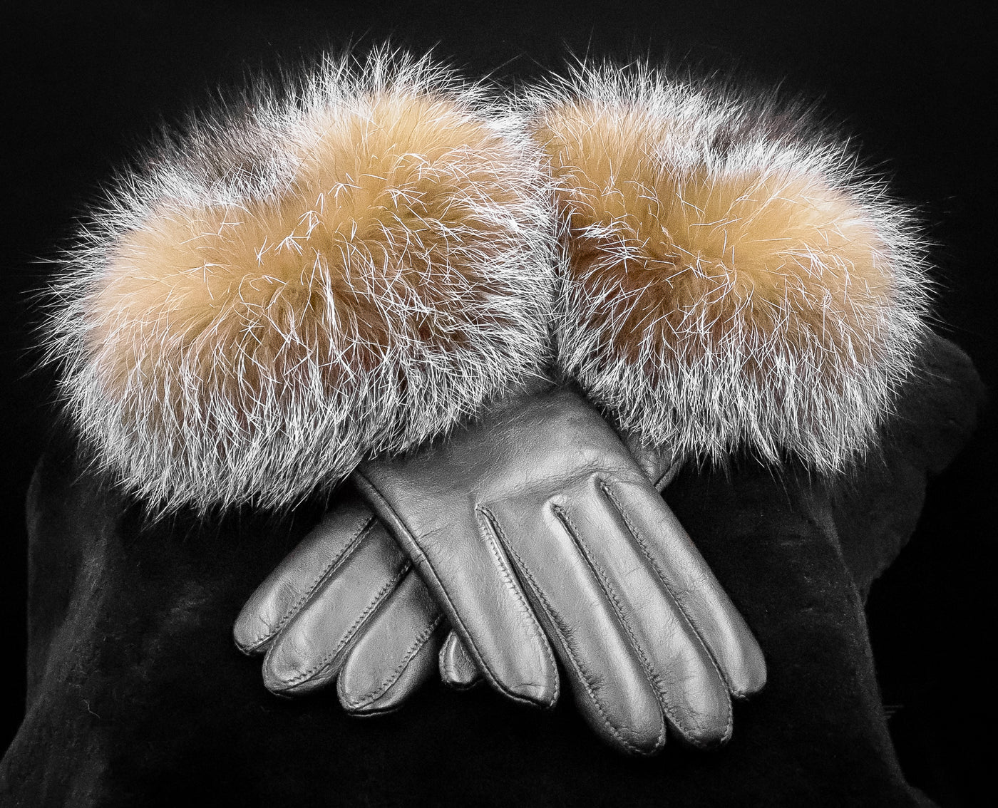 Brown Italian Lamb Leather Gloves with Crystal Fox Trim