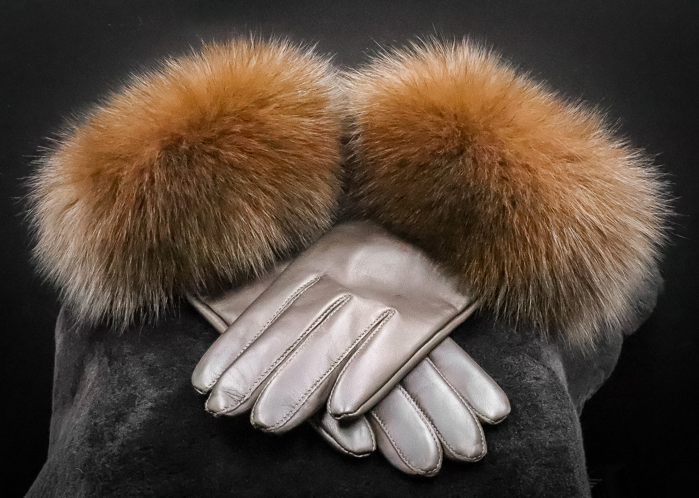 Brown Italian Lamb Leather Gloves with Brown Fox Trim