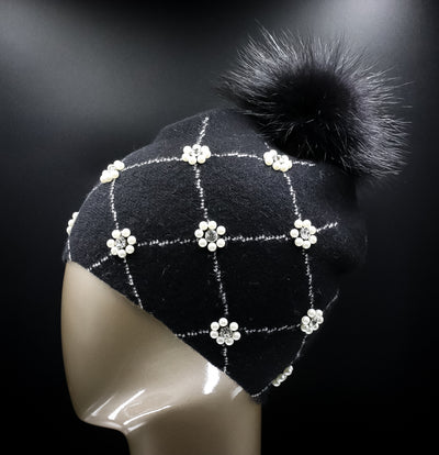 Knitted Wool Hat with Pearl and Crystal Beads and Fox Pom-Pom