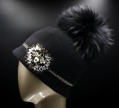 Wool Hat with Crystals and Detachable Black Finn Raccoon Pom-Pom