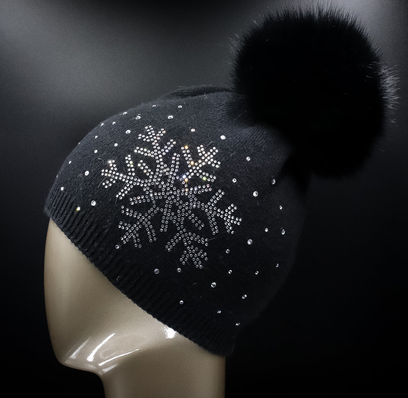 Knitted Wool Hat with Crystal Snowflake and Detachable Fox Pom-Pom