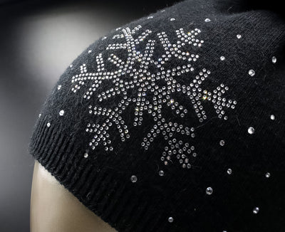 Knitted Wool Hat with Crystal Snowflake and Detachable Fox Pom-Pom