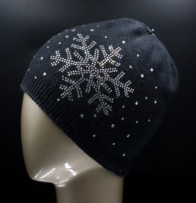 Knitted Wool Hat with Crystal Snowflake and Detachable Fox Pom-Pom