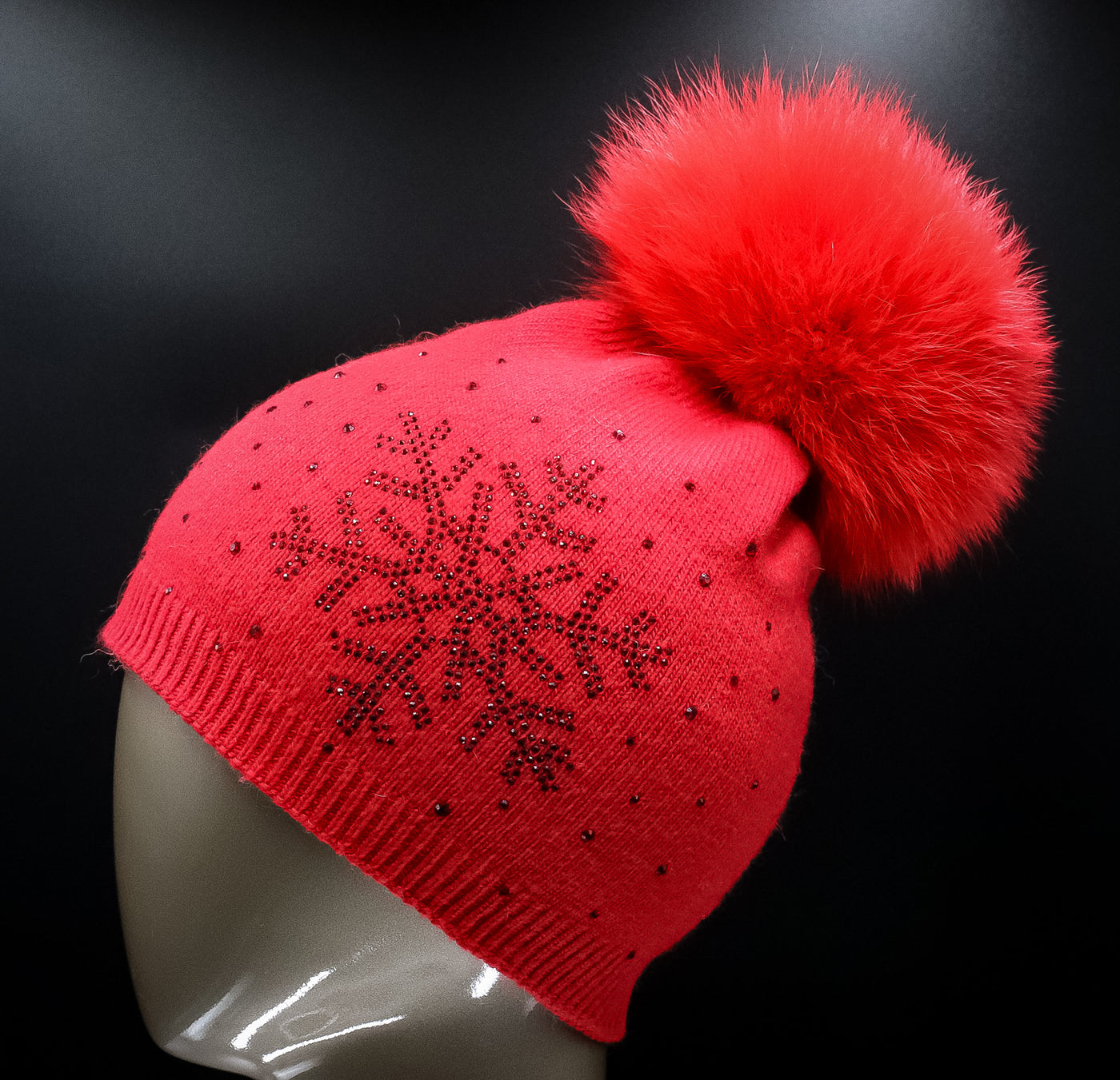 Knitted Wool Hat with Crystal Snowflake and Detachable Fox Pom-Pom