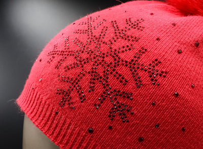 Knitted Wool Hat with Crystal Snowflake and Detachable Fox Pom-Pom