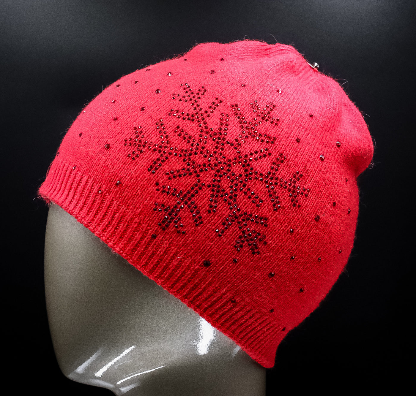 Knitted Wool Hat with Crystal Snowflake and Detachable Fox Pom-Pom