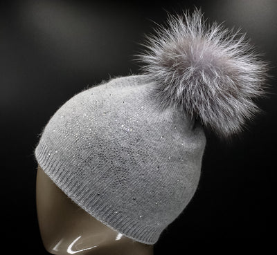 Knitted Wool Hat with Crystal Snowflake and Detachable Fox Pom-Pom