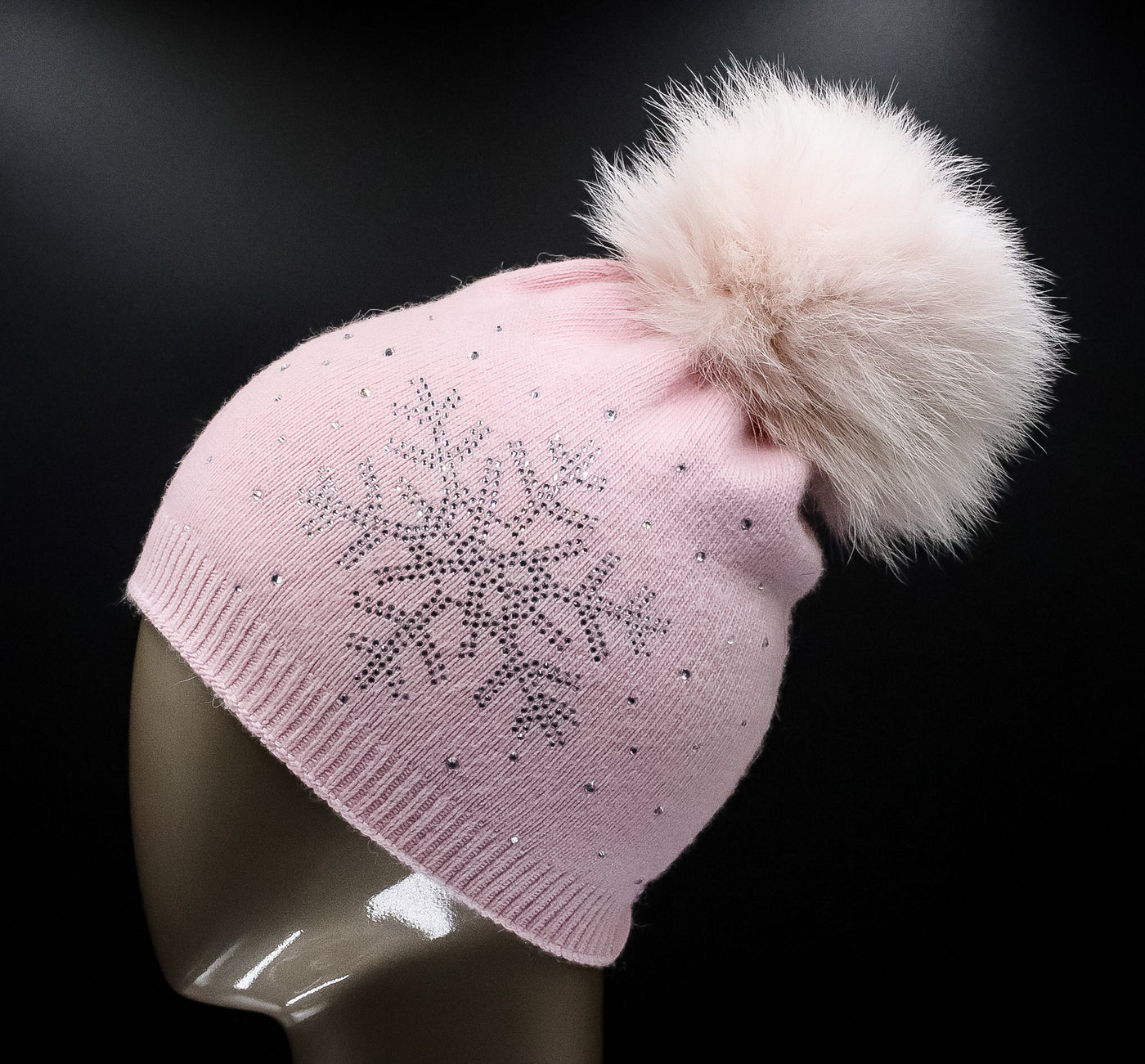 Knitted Wool Hat with Crystal Snowflake and Detachable Fox Pom-Pom